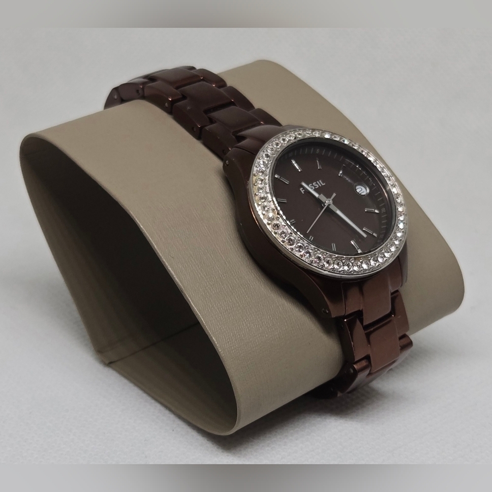 Fossil ES-2963 Women's Crystal Bezel Brown Stainless Steel Watch w/ Box & Manual - Picture 3 of 9